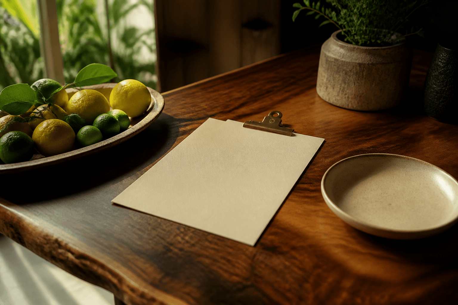 Unused unmarked ivory paper beside citrus on a koa counter, brass clip.