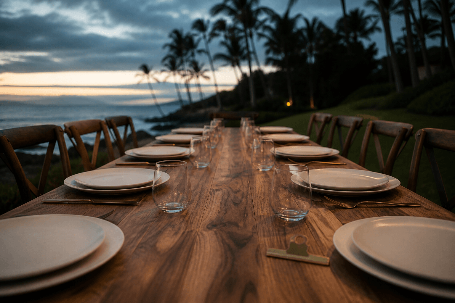 Unused long table of empty ivory plates and empty glasses on a koa dining table.