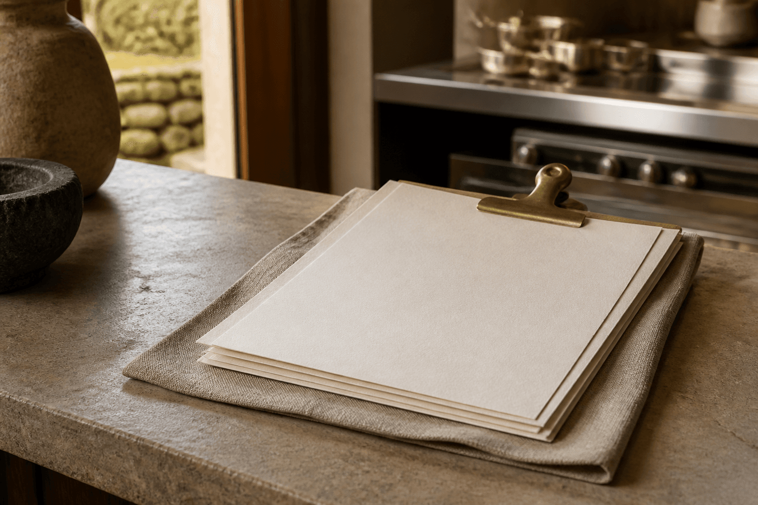 Unused ivory cards under a brass clip on a sand linen kitchen pass, no writing.
