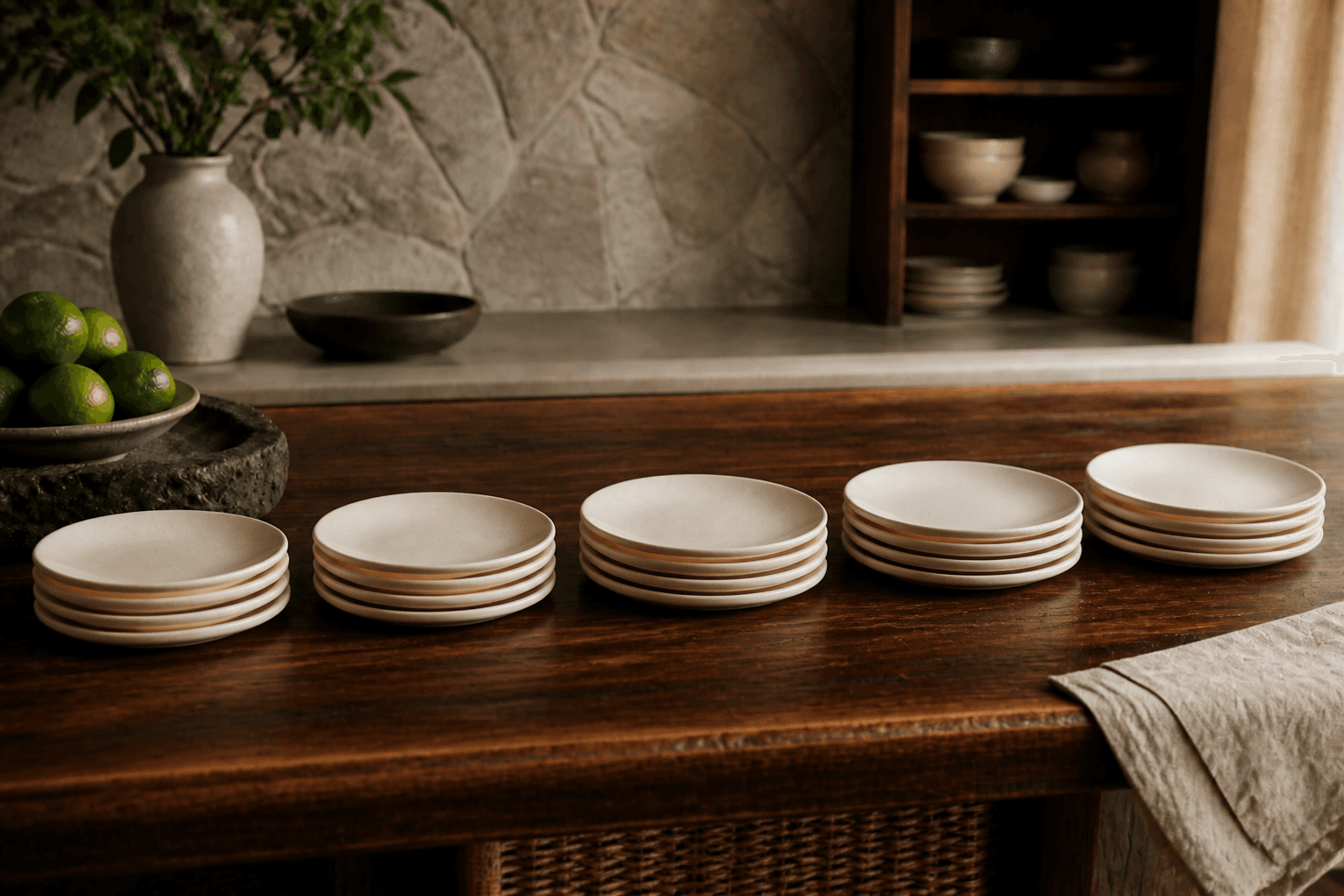 Five small stacks of unused ivory plates in a line on a koa kitchen pass, volcanic-stone bowl of limes, sand linen, no writing.