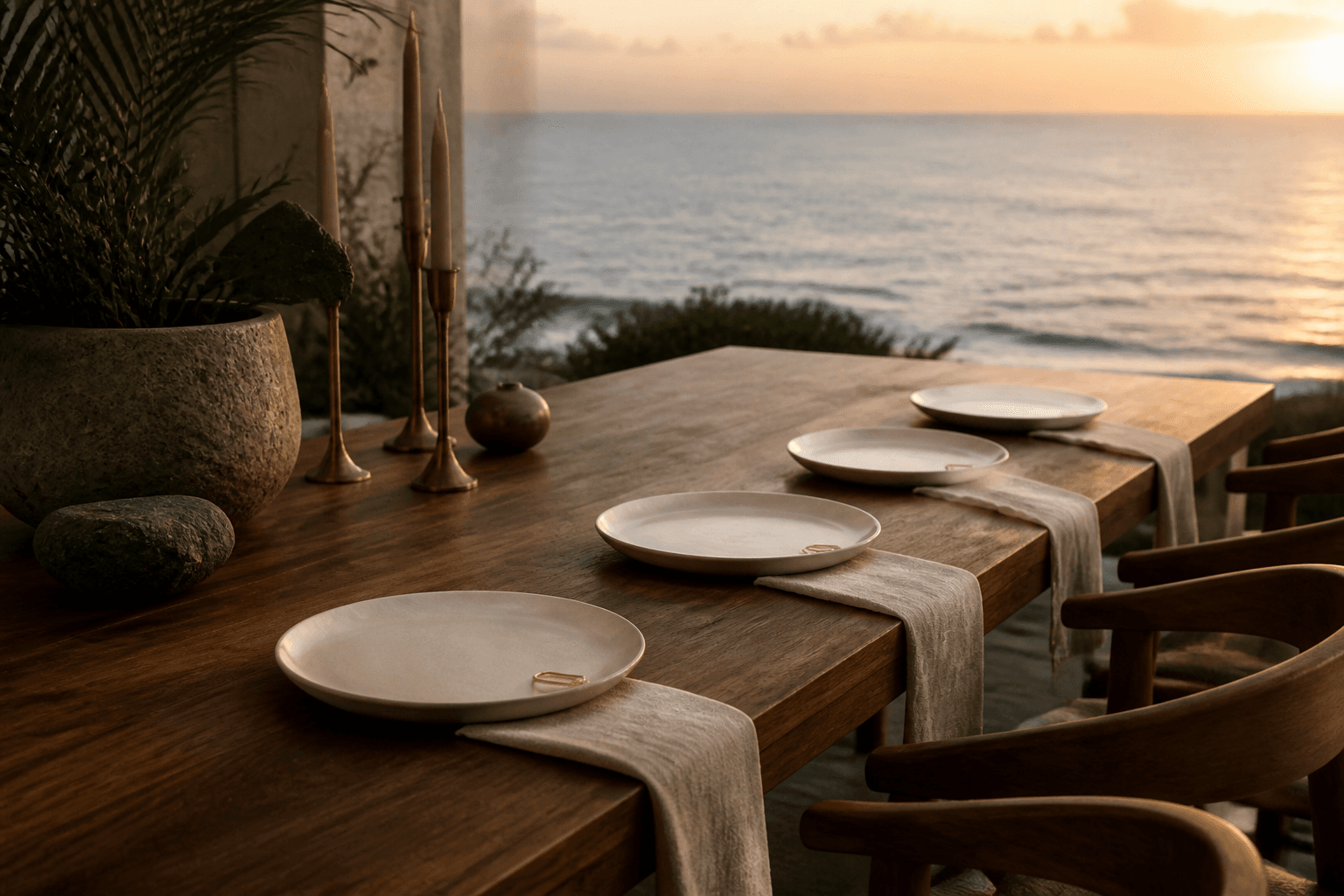 Four unused ivory plates along a long koa terrace table at dusk, anonymous ocean horizon, no writing.