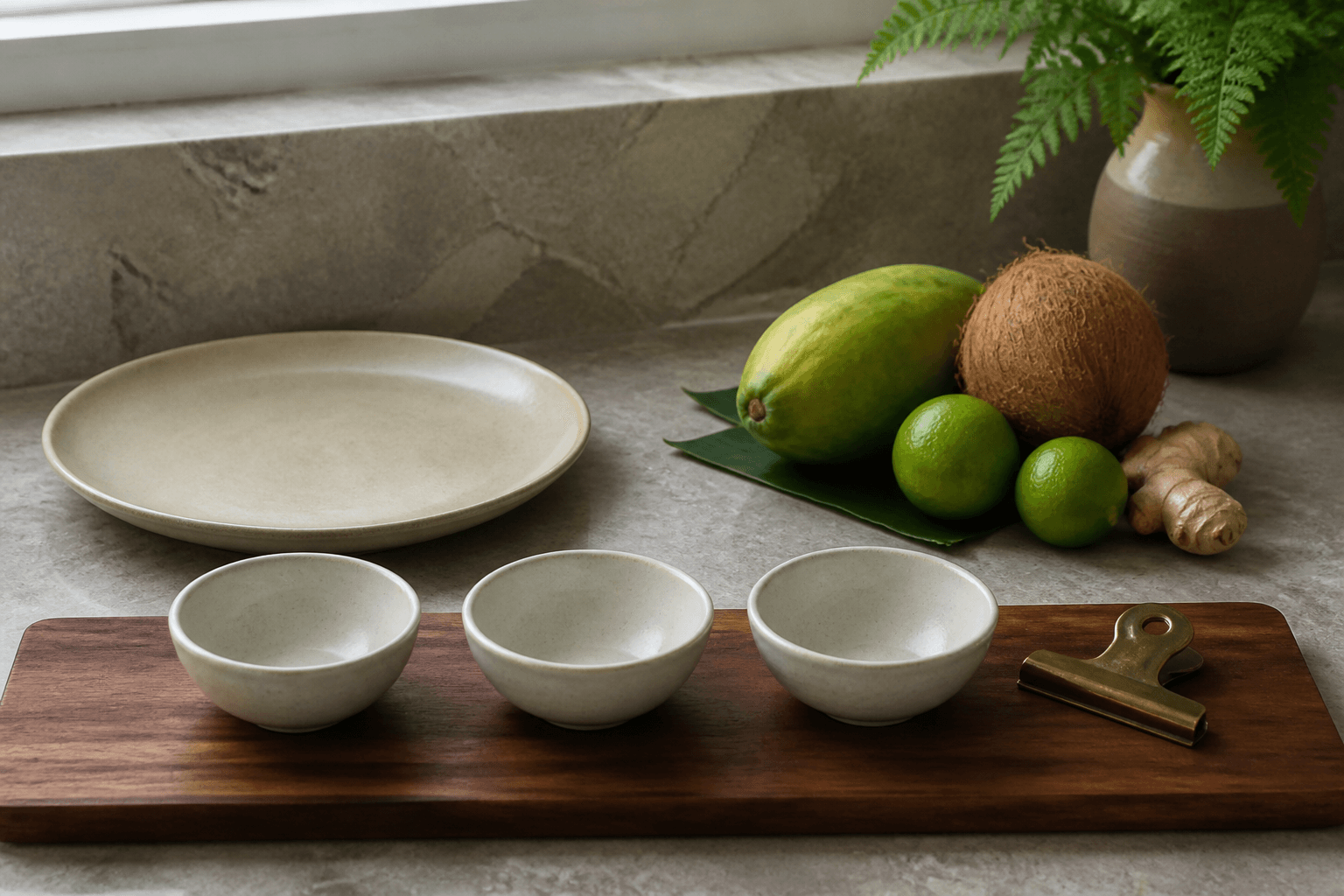 Three unused small ceramic bowls in a quiet row on a koa board, unmarked produce, no labels.