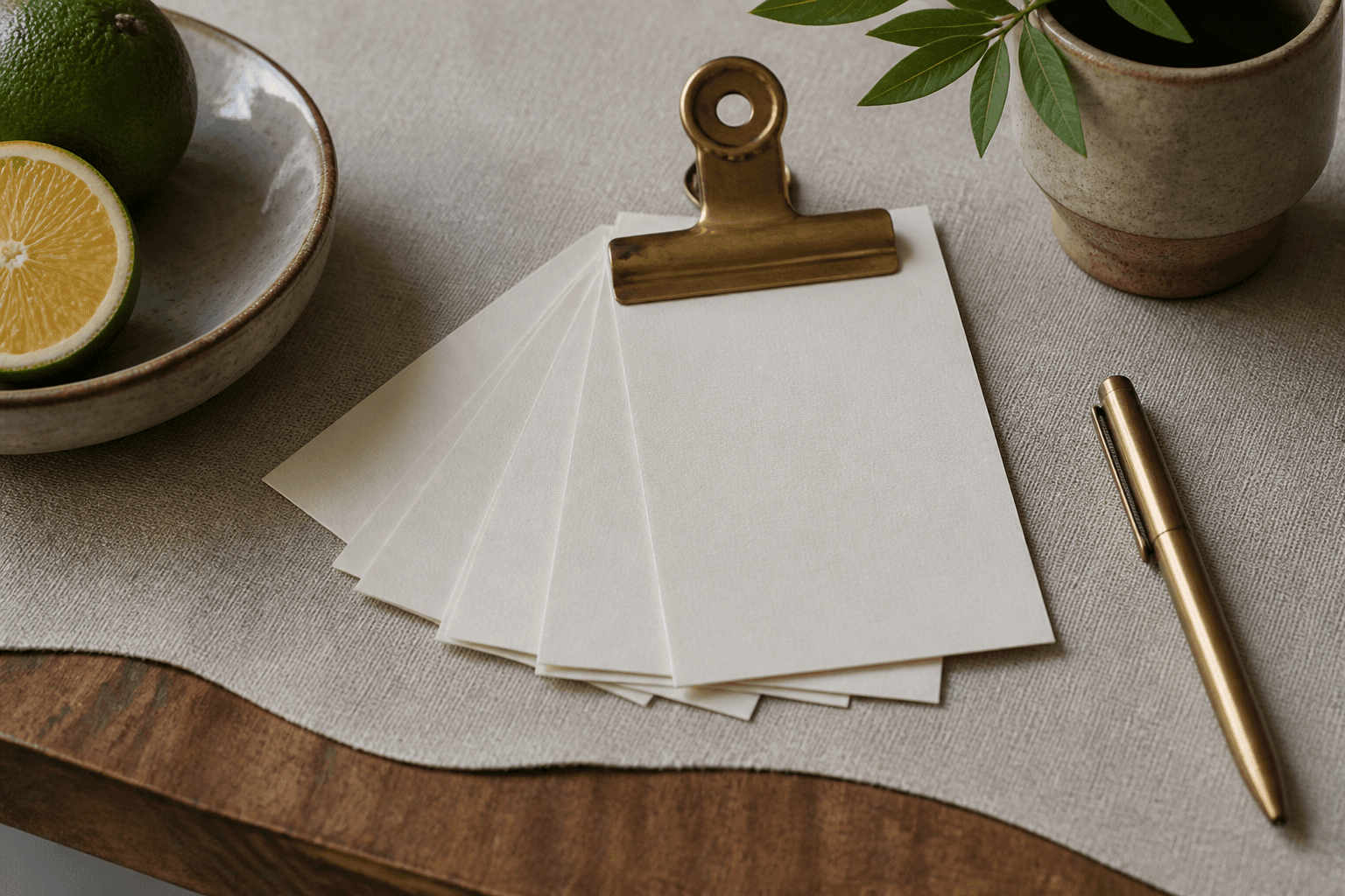 Five unused blank ivory cards fanned under a brass clip on a sand linen pass, citrus.