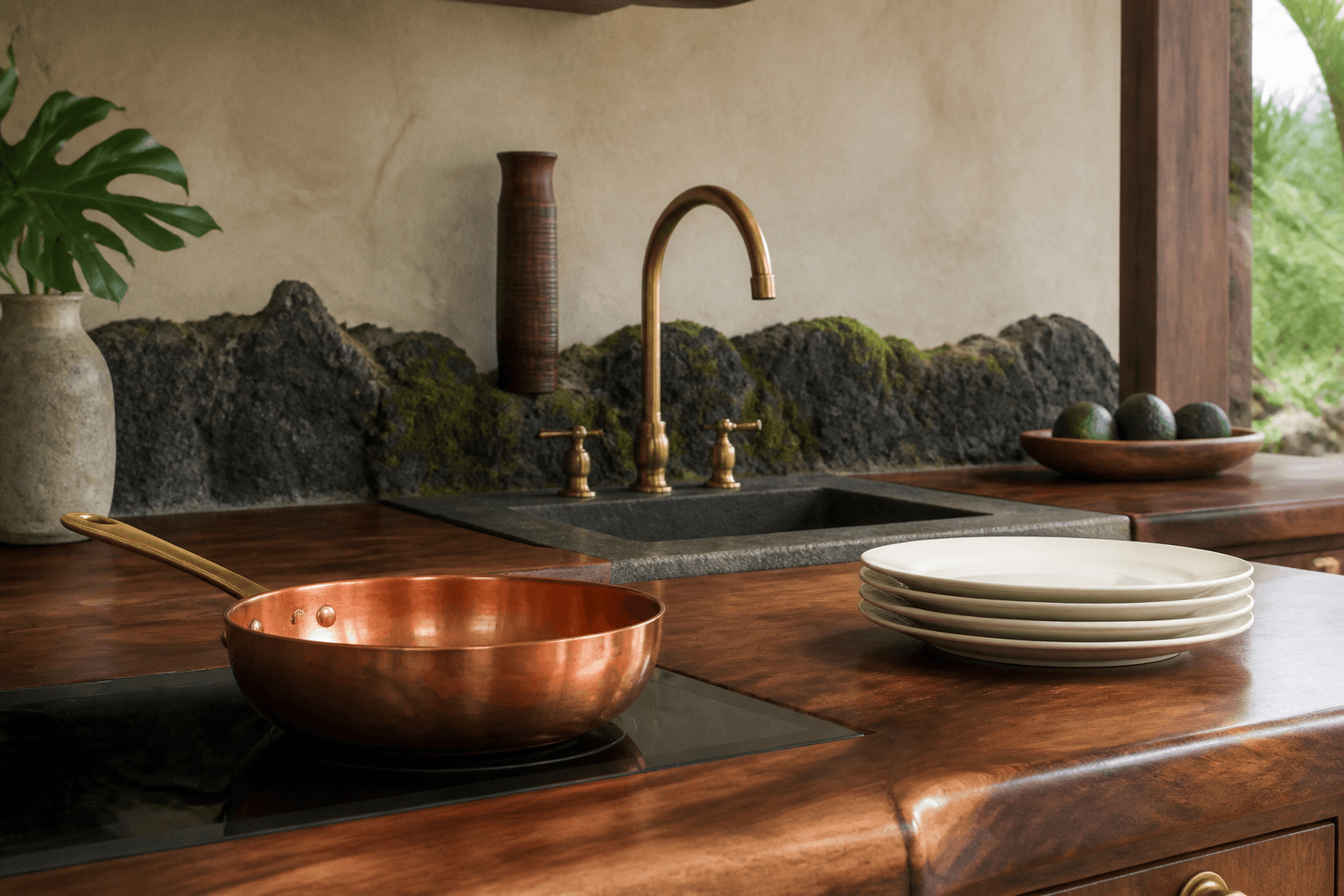Empty copper sauté pan beside unused ivory plates on a compact koa villa counter.