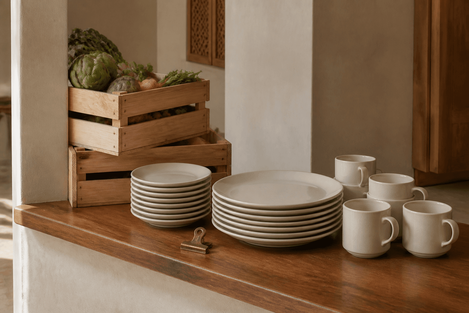 Unused unmarked produce crates beside stacked unused ivory breakfast and dinner plates on a koa pass, brass clip.