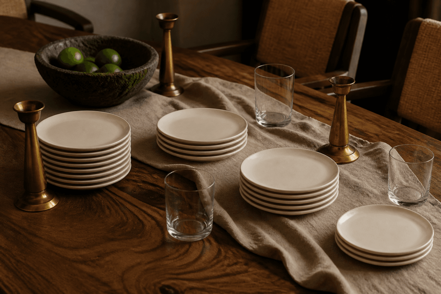 Four small stacks of unused ivory plates on a koa table, unlit brass candleholders, volcanic-stone bowl of limes.