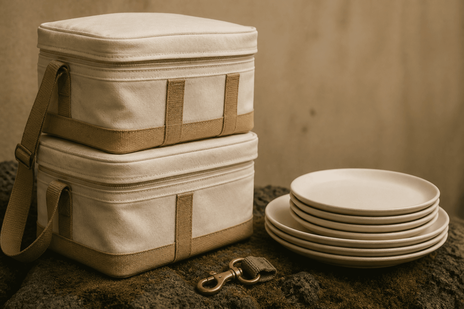 Two unused canvas coolers stacked beside unused ivory plates on a koa pass, brass clip, mossed lava.