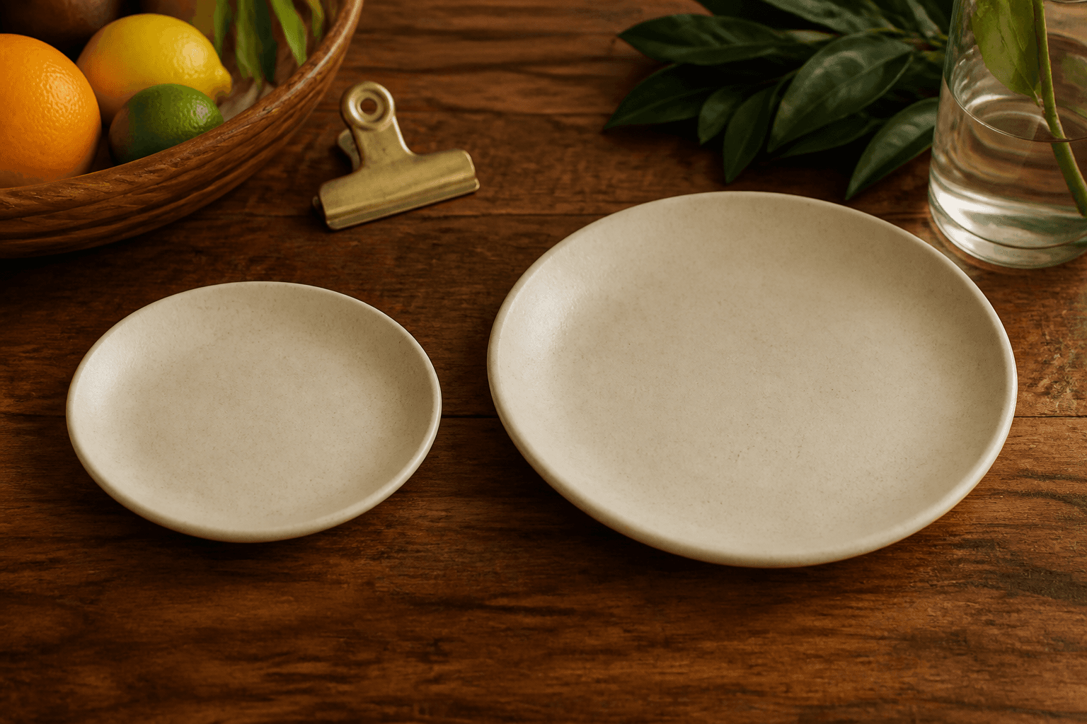 One unused smaller ivory plate beside one unused adult plate on a koa table, citrus.