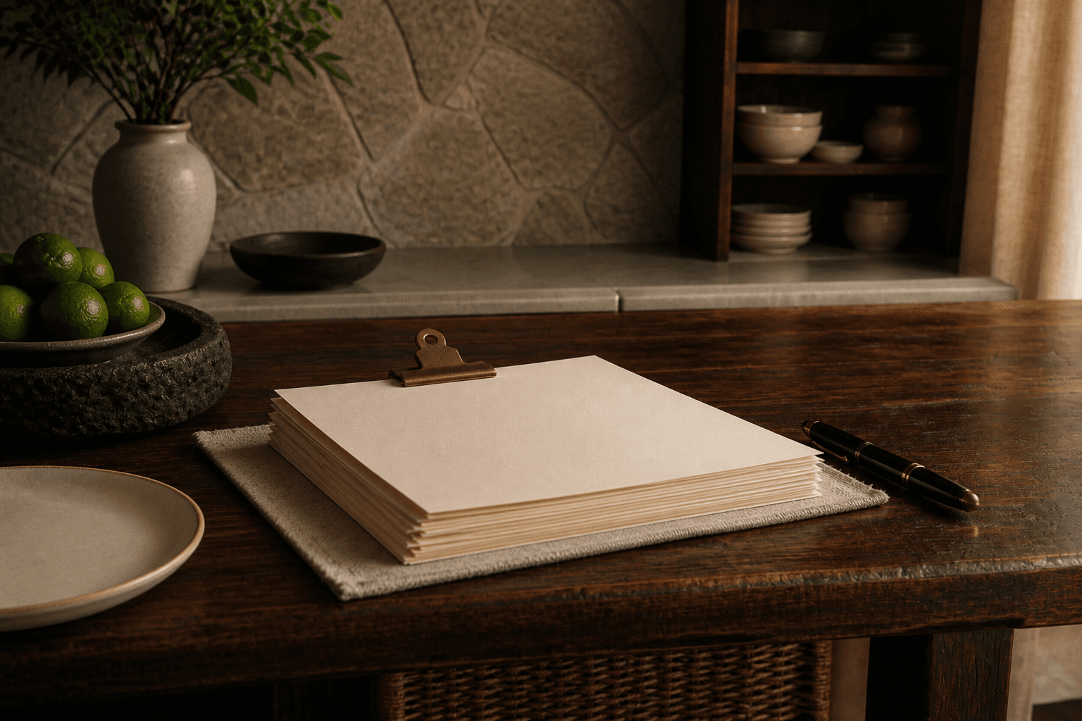 A stack of unmarked cream papers under a brass clip on a koa desk, capped fountain pen, unused ivory plate, no writing.