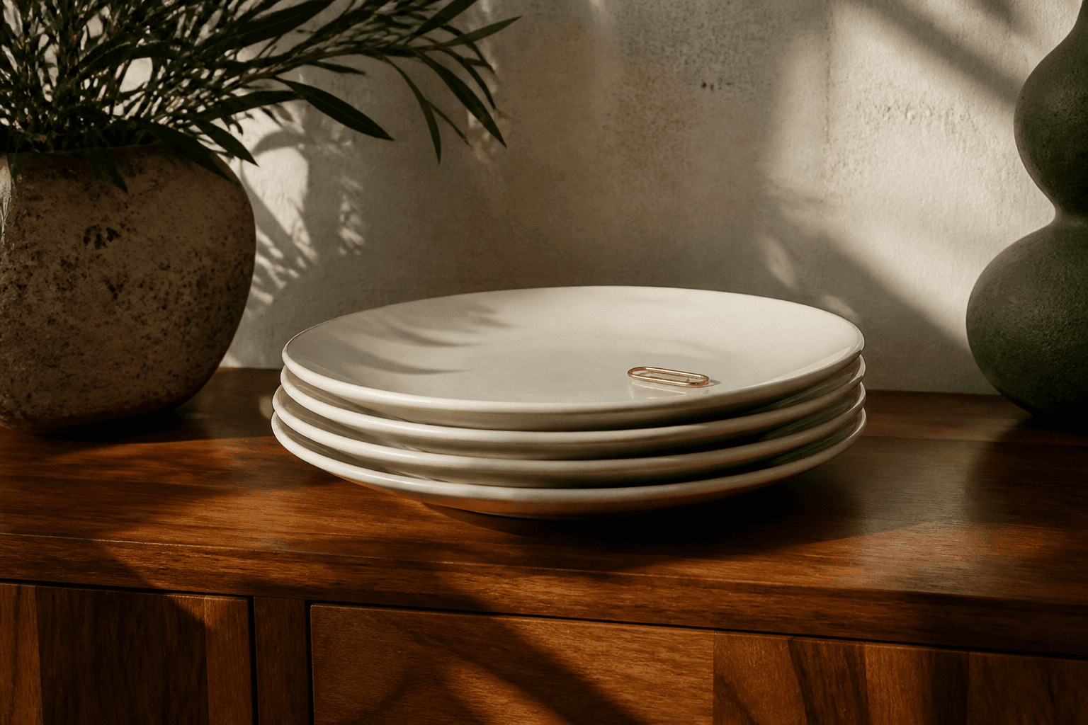 Four unused ivory plates stacked on a koa sideboard, a thin brass clip on the top plate, no landmark.