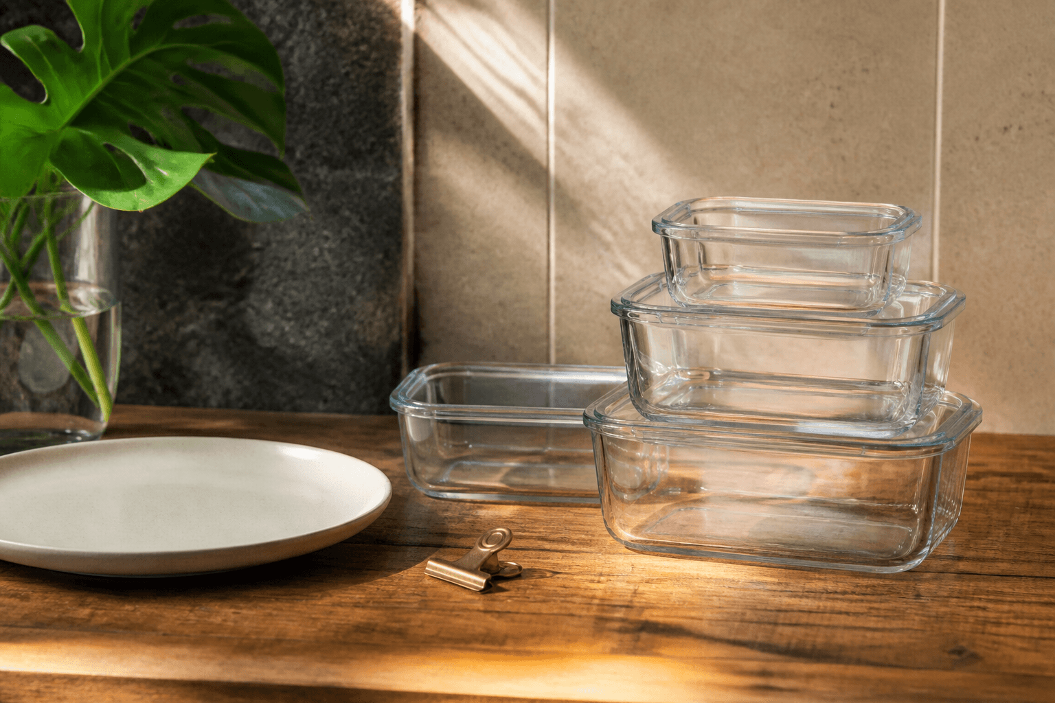 Unused empty glass containers stacked on a koa counter, unused ivory plate, no labels.