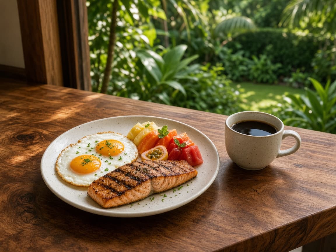 Example villa breakfast already plated — eggs, tropical fruit, grilled fish, and coffee in morning light.
