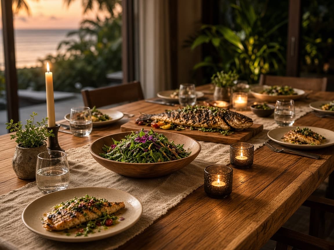 Example family-style villa table — whole grilled fish, a green salad, and plated catch, already served.