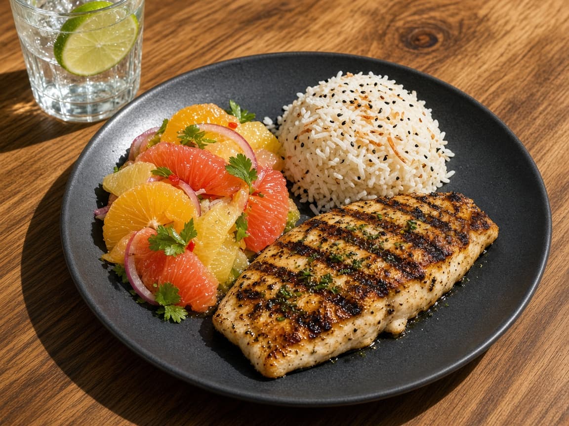 Example villa lunch already plated — grilled catch, citrus salad, coconut rice, midday light.