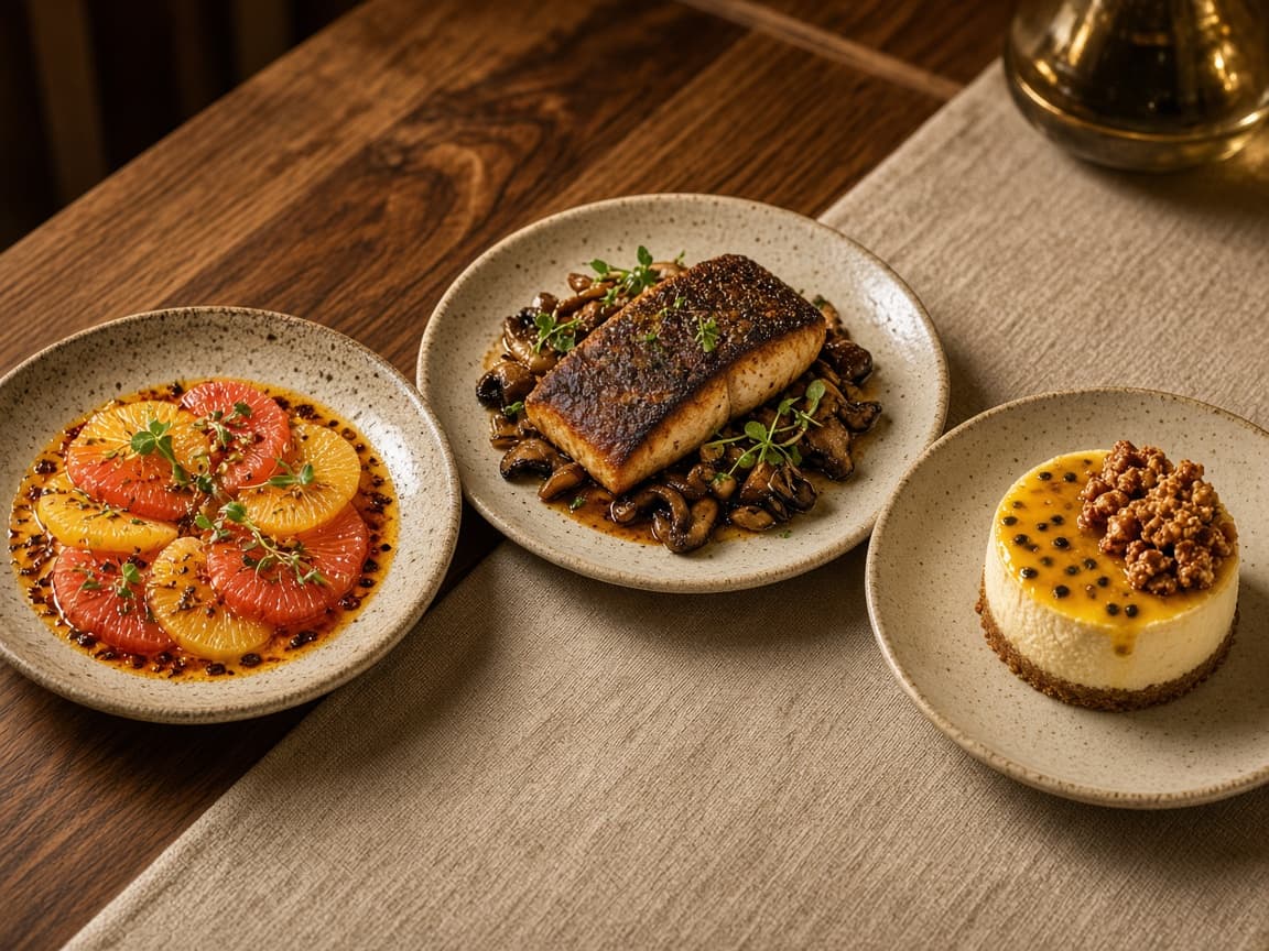Example three-course — citrus crudo, seared catch with mushrooms, and lilikoi cheesecake, already plated.
