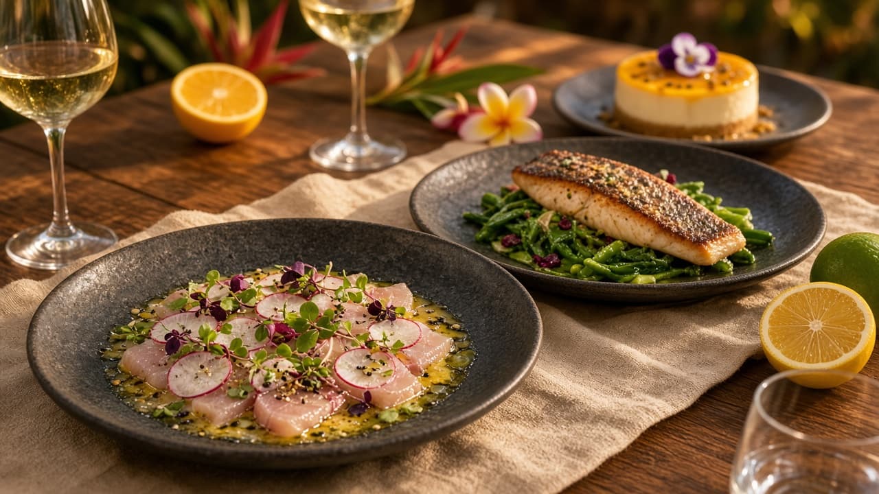 Example villa dinner already plated — citrus crudo, seared catch with greens, and a small lilikoi cheesecake on a koa table.
