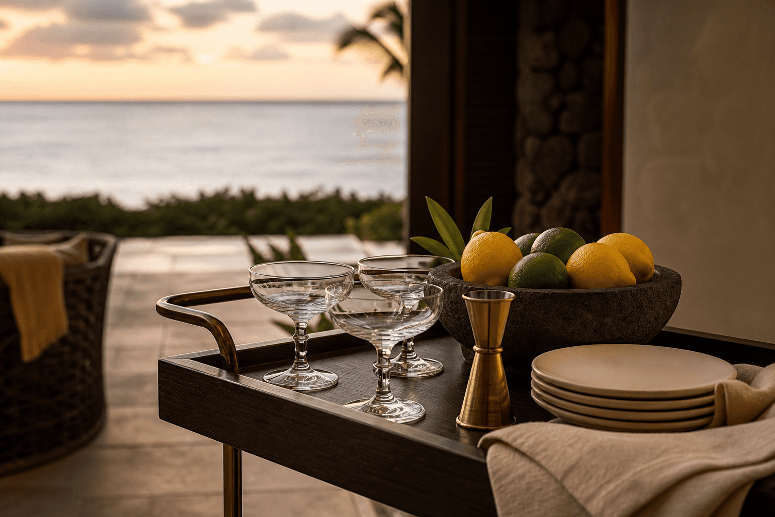 Unused coupe glasses and a brass jigger on a koa villa bar cart, volcanic-stone bowl of citrus, unused ivory plates, sand linen, no writing.