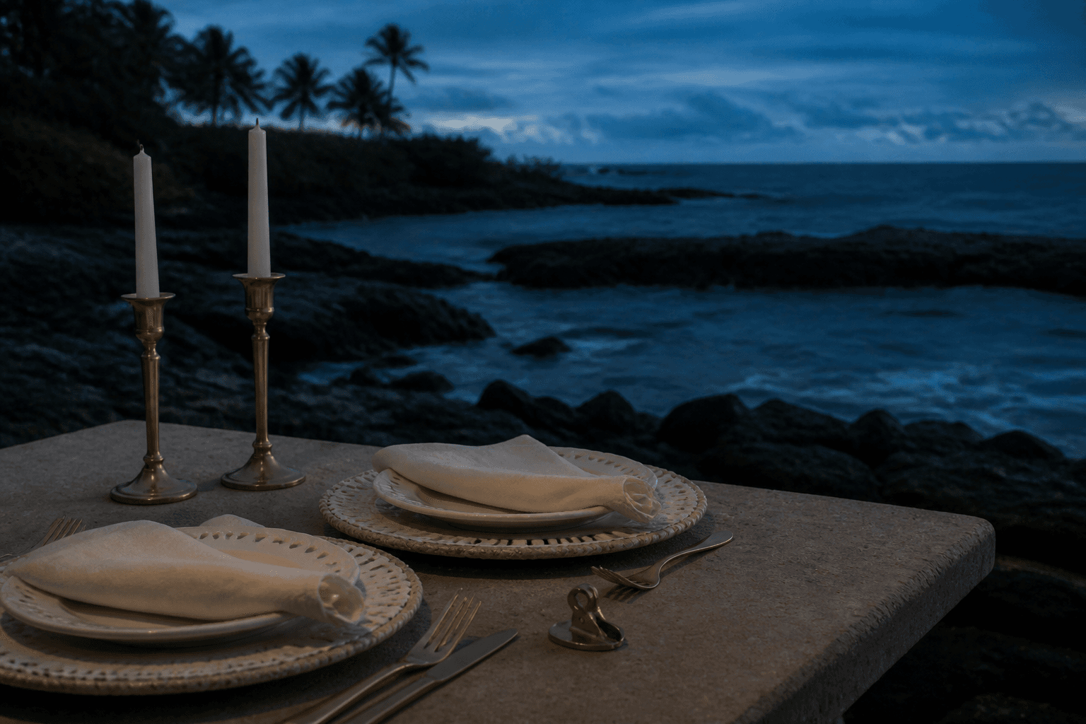Two unused ivory place settings and two unlit candles on a koa table, brass clip.