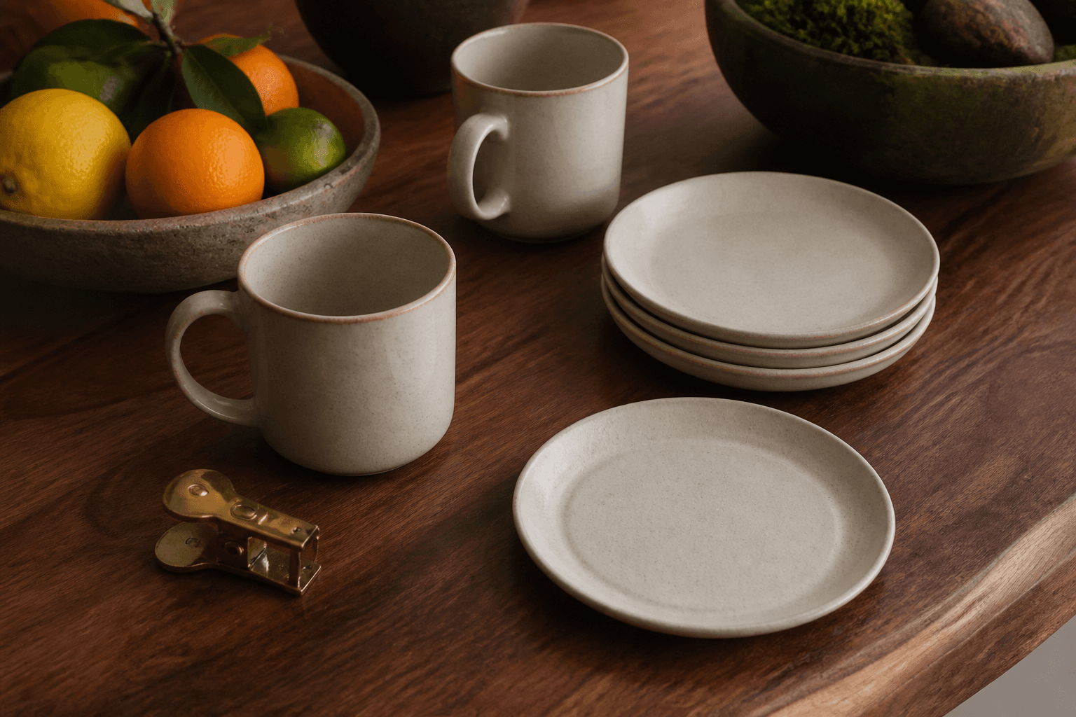 Unused coffee cups and unused ivory plates with citrus on a koa table, brass clip.