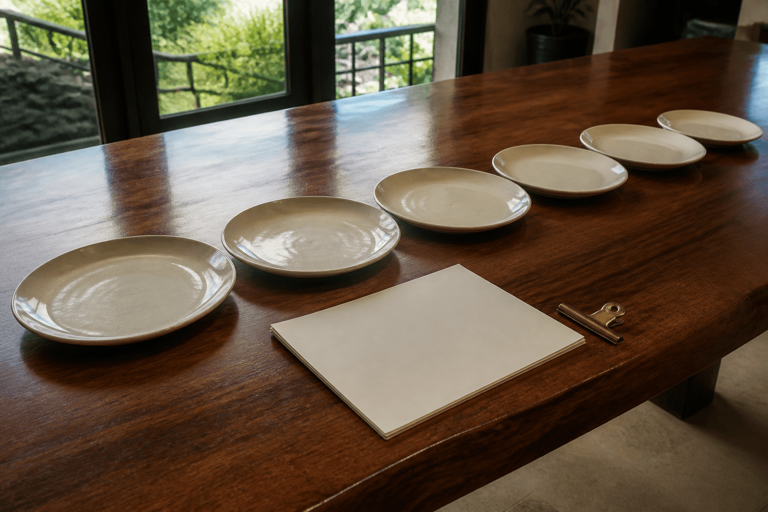Unused identical ivory plates in a straight row on a koa table, unmarked papers, brass clip.