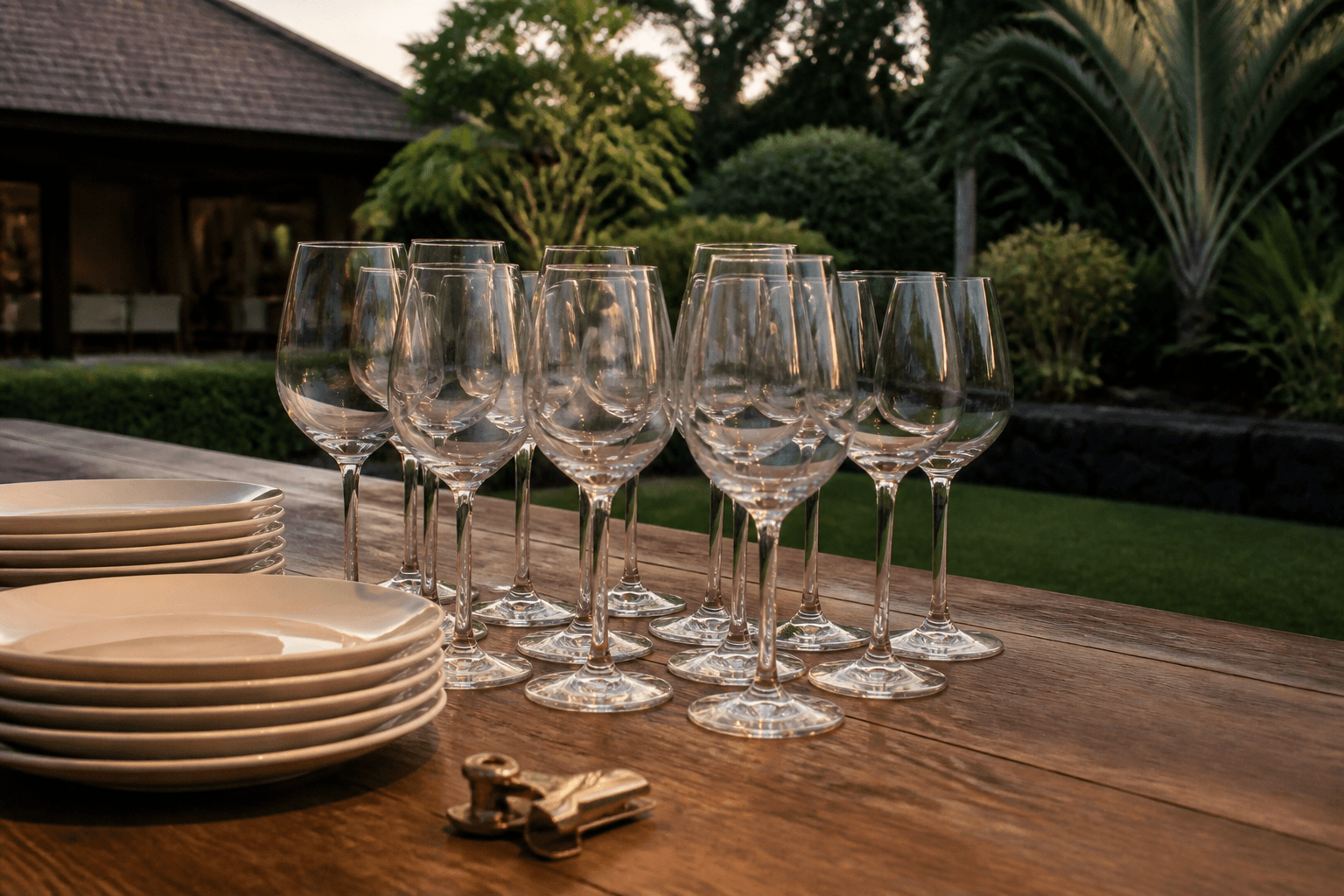Cluster of unused extra empty glasses on a koa lawn table, unused ivory plates, brass clip.