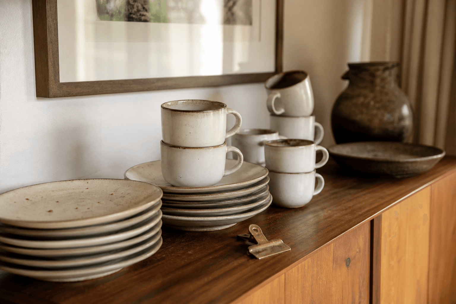 Unused breakfast plates stacked with empty coffee cups on a koa sideboard, brass clip.