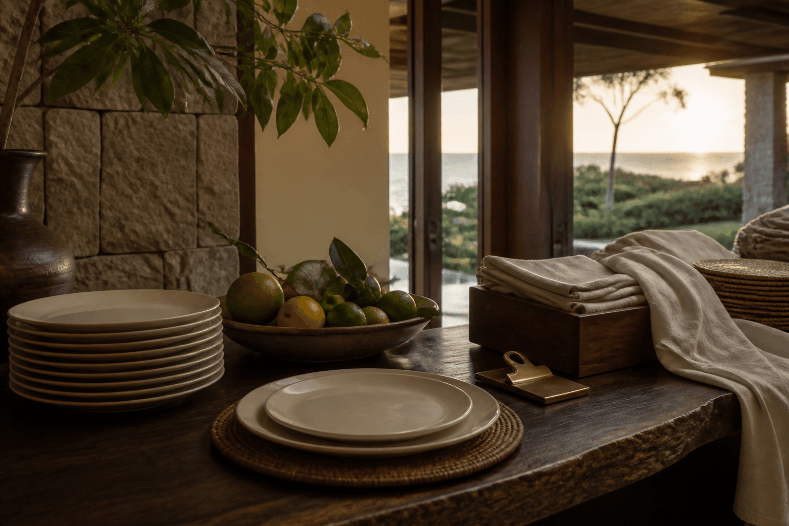 Unused ivory plates and citrus on a koa villa counter, brass clip, unpacked linen.