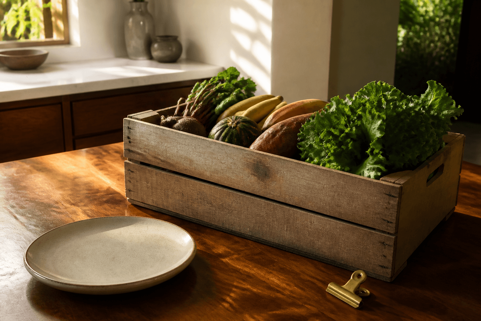 Unused weekly produce crate on a koa counter, unused ivory plate, brass clip, no writing.