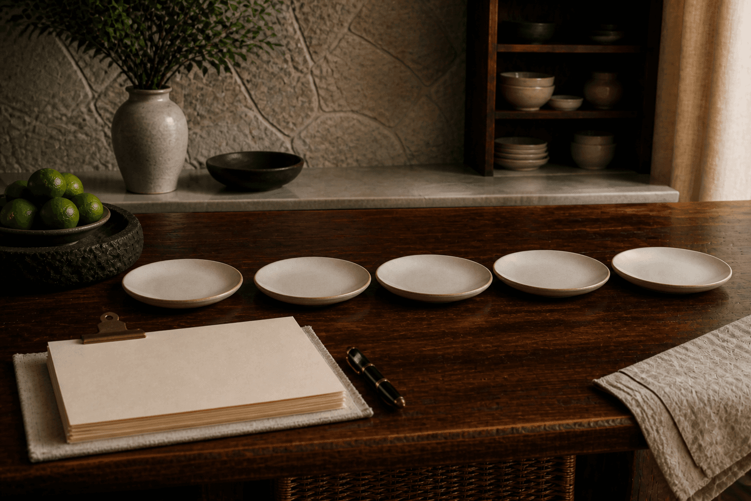 Unused ivory plates in a quiet row on a koa table, unmarked cream rate cards under a brass clip, volcanic-stone bowl of limes, no writing.