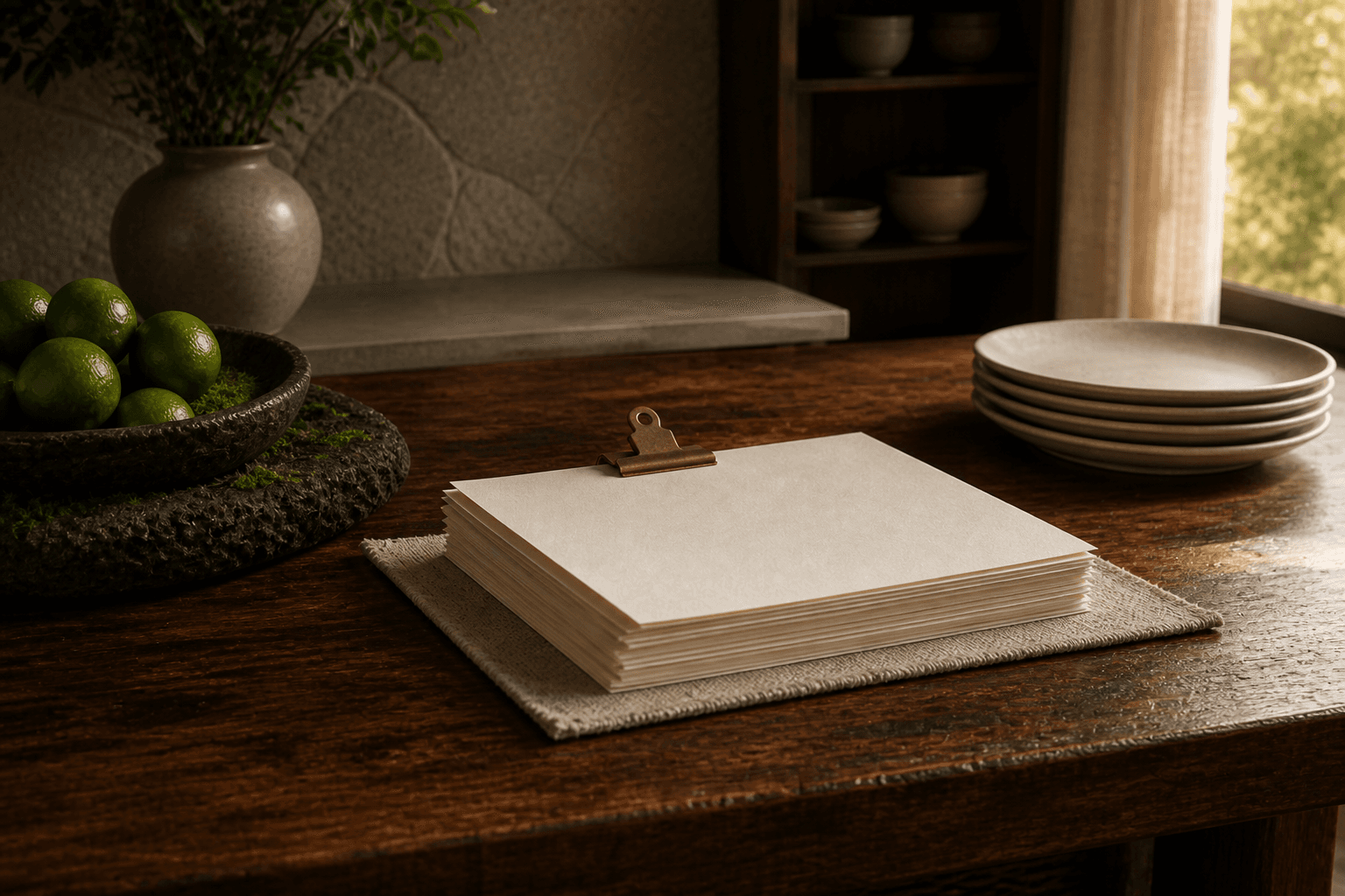 Blank cream ledger cards under a brass clip on a koa counter, unused ivory plates, mossed lava, no writing.