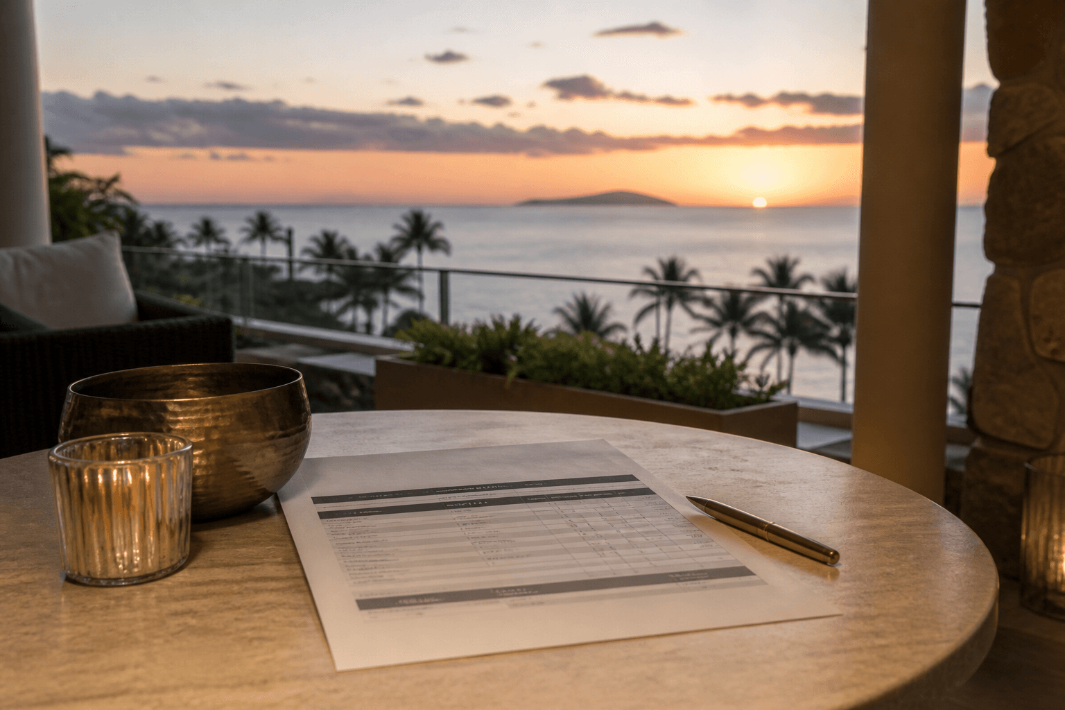 A printed Maui rate card on a Wailea lānai table — dinner bands, Pacific beyond.