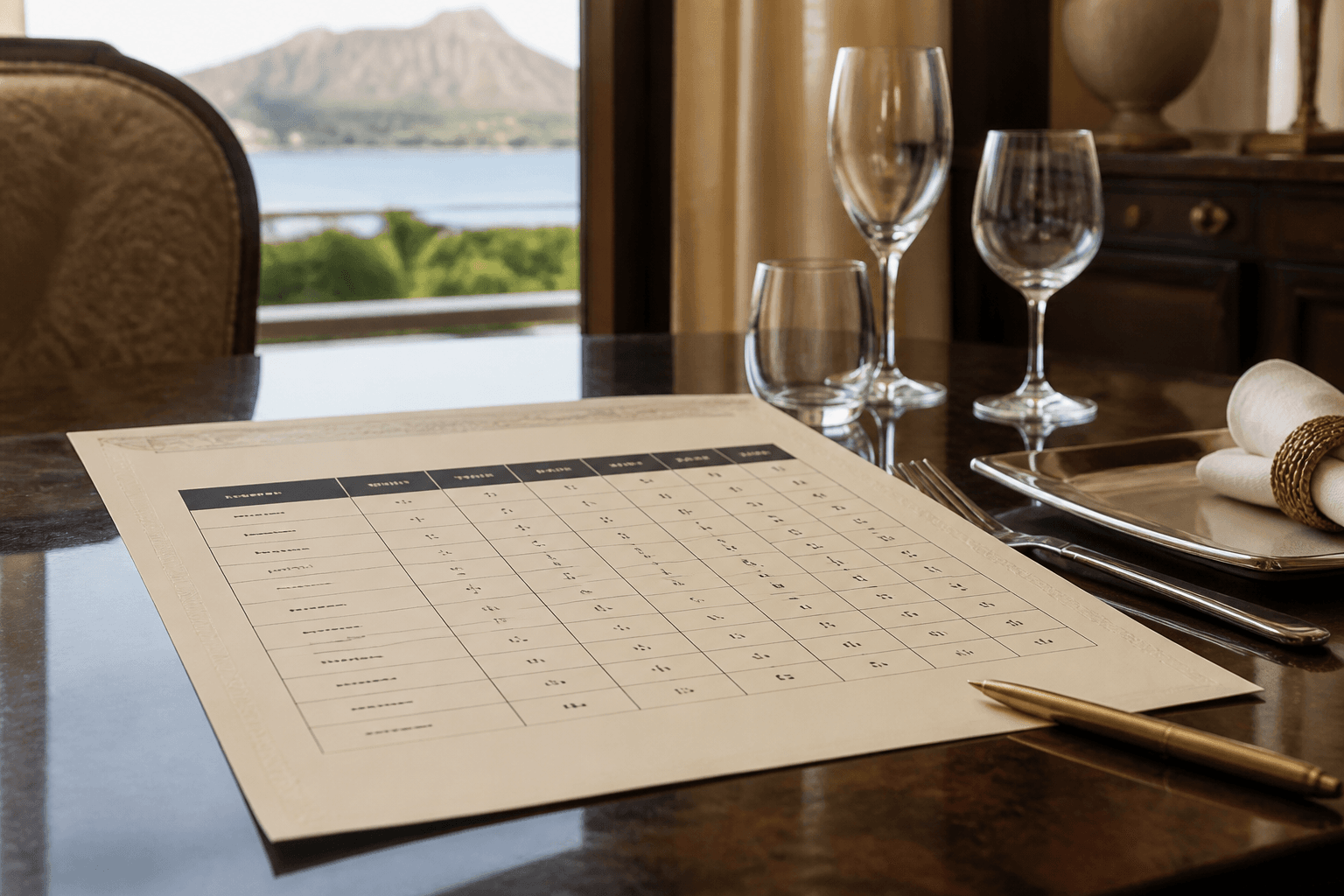 A printed Oahu rate card on a Kahala dining table — dinner bands, brass pen, Diamond Head faint.