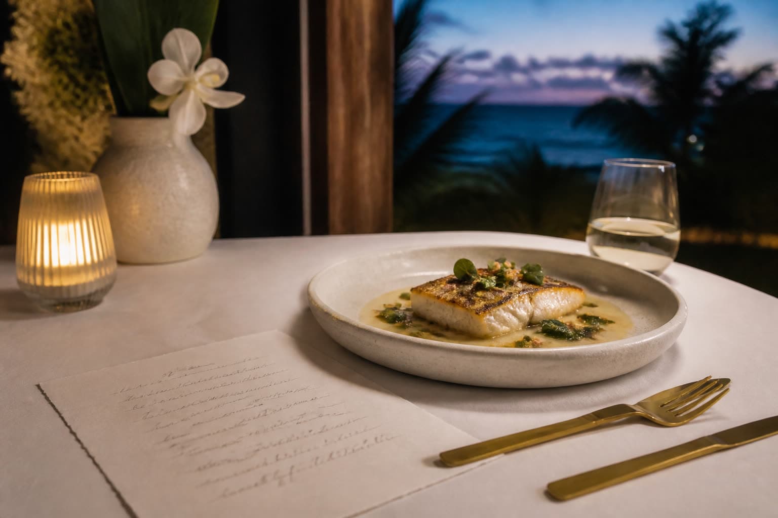 A menu card on ivory linen beside a plated fish course.
