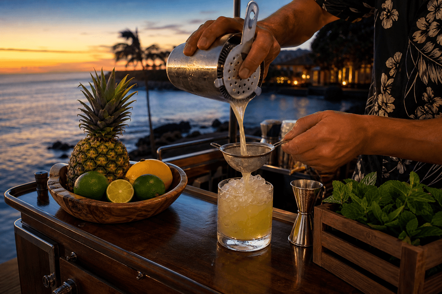 A bartender straining a citrus cocktail over crushed ice on a villa bar cart, Hawaiian sunset beyond.