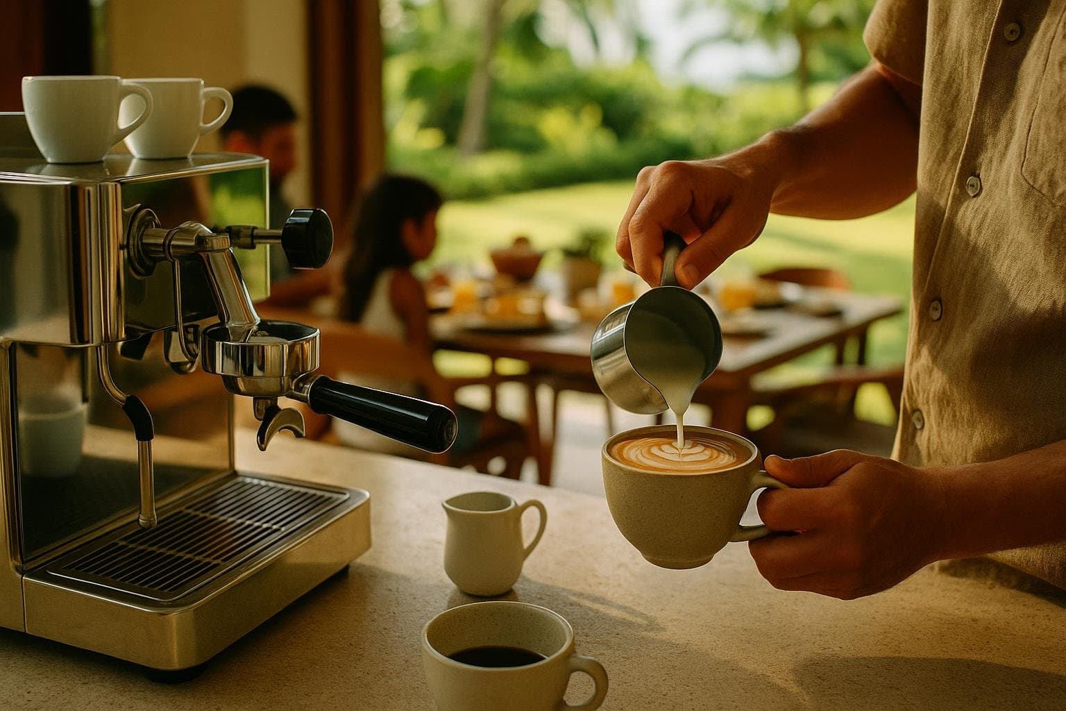 A barista pouring latte art at a compact espresso station on a Hawaiian villa counter at breakfast, a family table beyond.