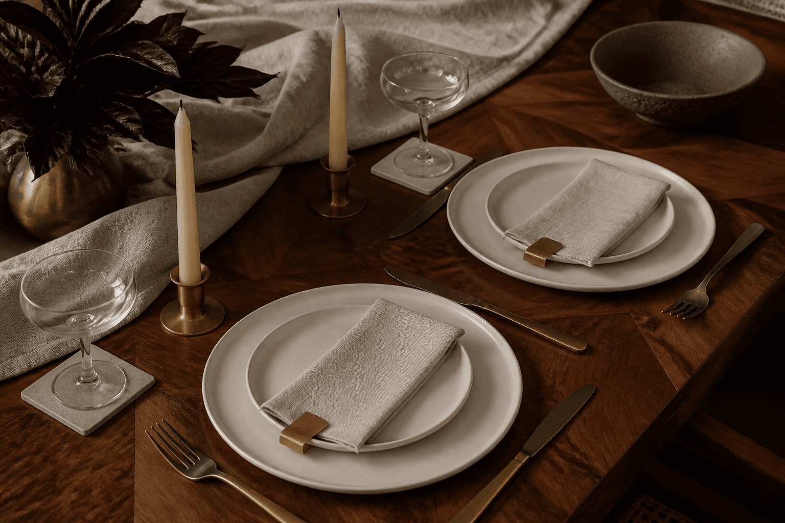 Two unused ivory place settings close together on a koa table, two unlit candles, empty coupes, brass clip.