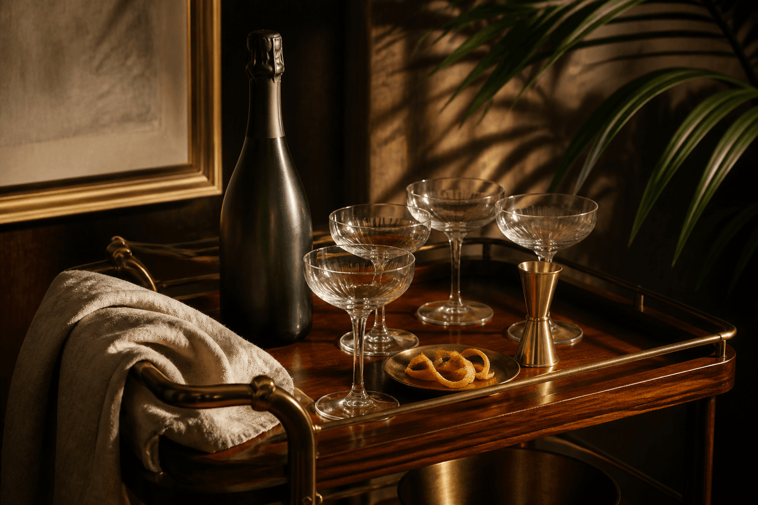 Unused empty coupes and an unlabeled dark bottle on a koa bar cart, citrus peel, brass jigger.