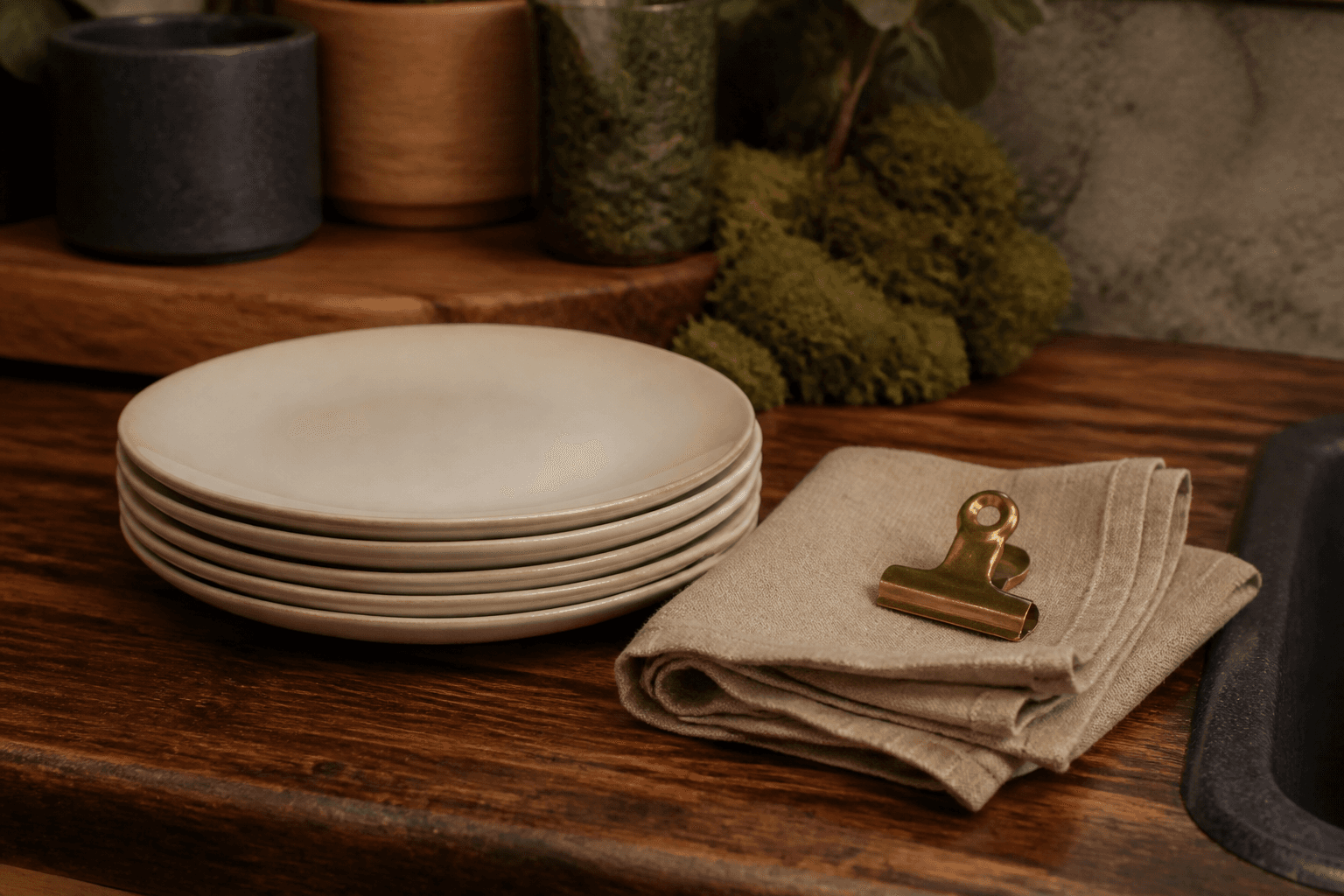Stack of clean unused ivory plates beside folded sand linen on a koa pass, empty sink edge.