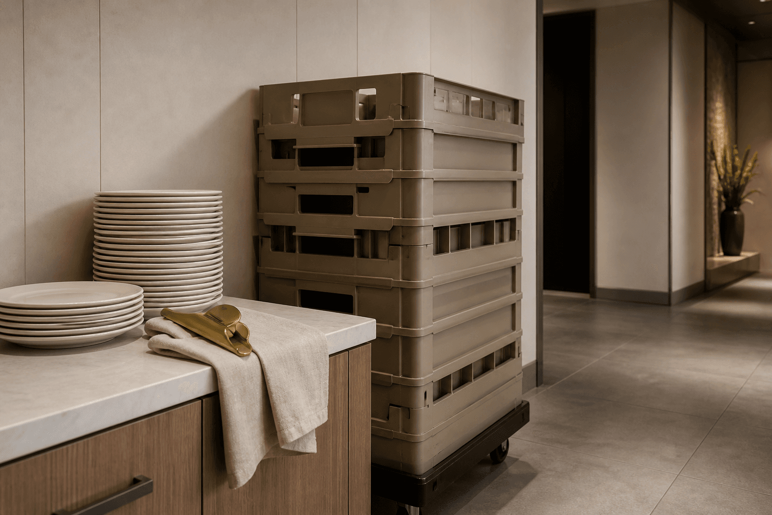 Unused stacked empty food totes and unused ivory plates in a service corridor, brass clip.