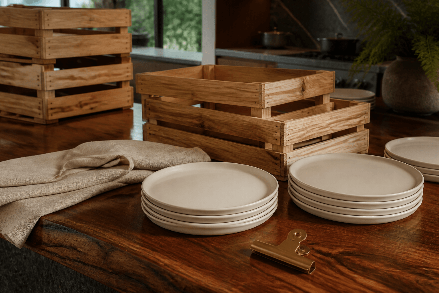 Unused empty crates and unused ivory plates on a wide koa estate kitchen pass, brass clip.