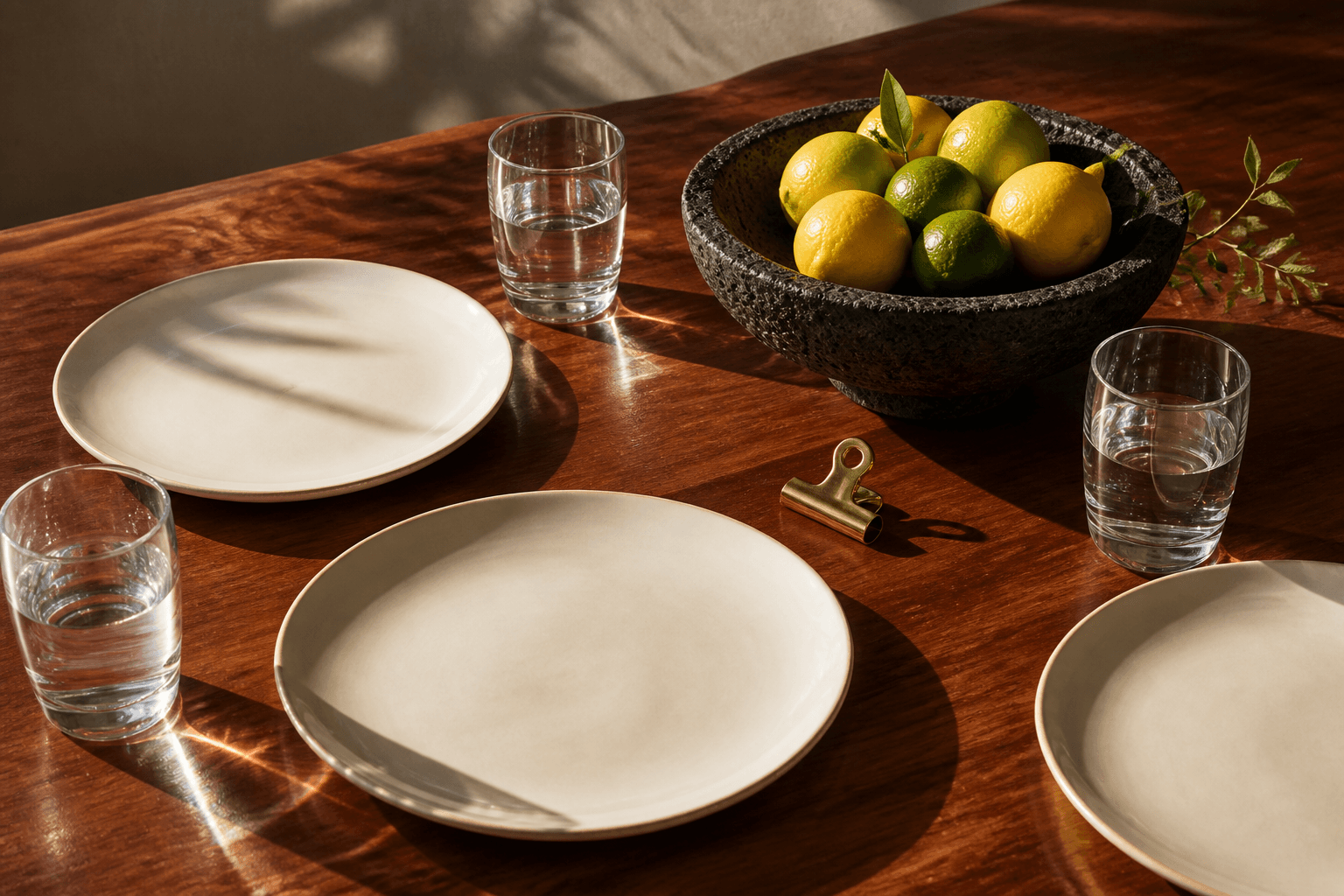 Unused ivory lunch plates and empty water glasses on a koa table in hard midday light, brass clip.