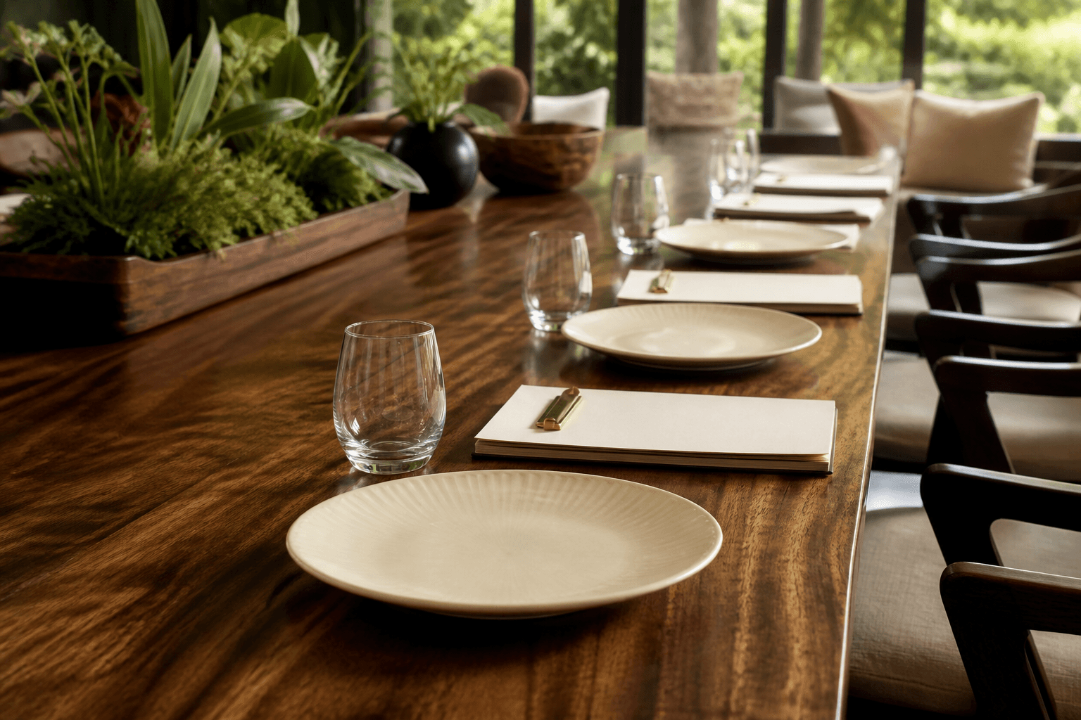 Unused identical ivory plates in a precise row on a wide koa house table, blank notebooks, brass clip.