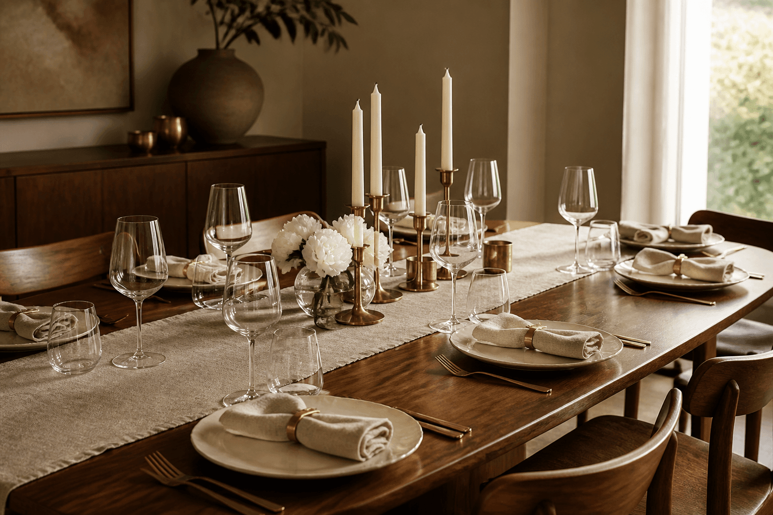 A medium unused koa dining table with unused ivory plates for about eight, unlit candles, brass clip.