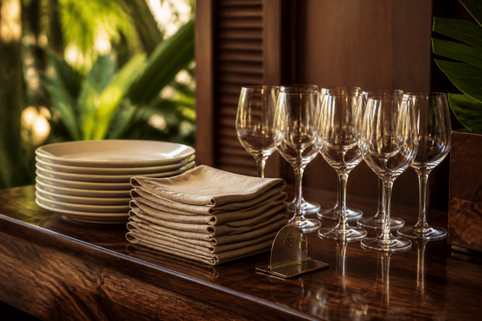 Stack of unused ivory plates and folded sand linen on a koa pass, unused empty glasses in a row.
