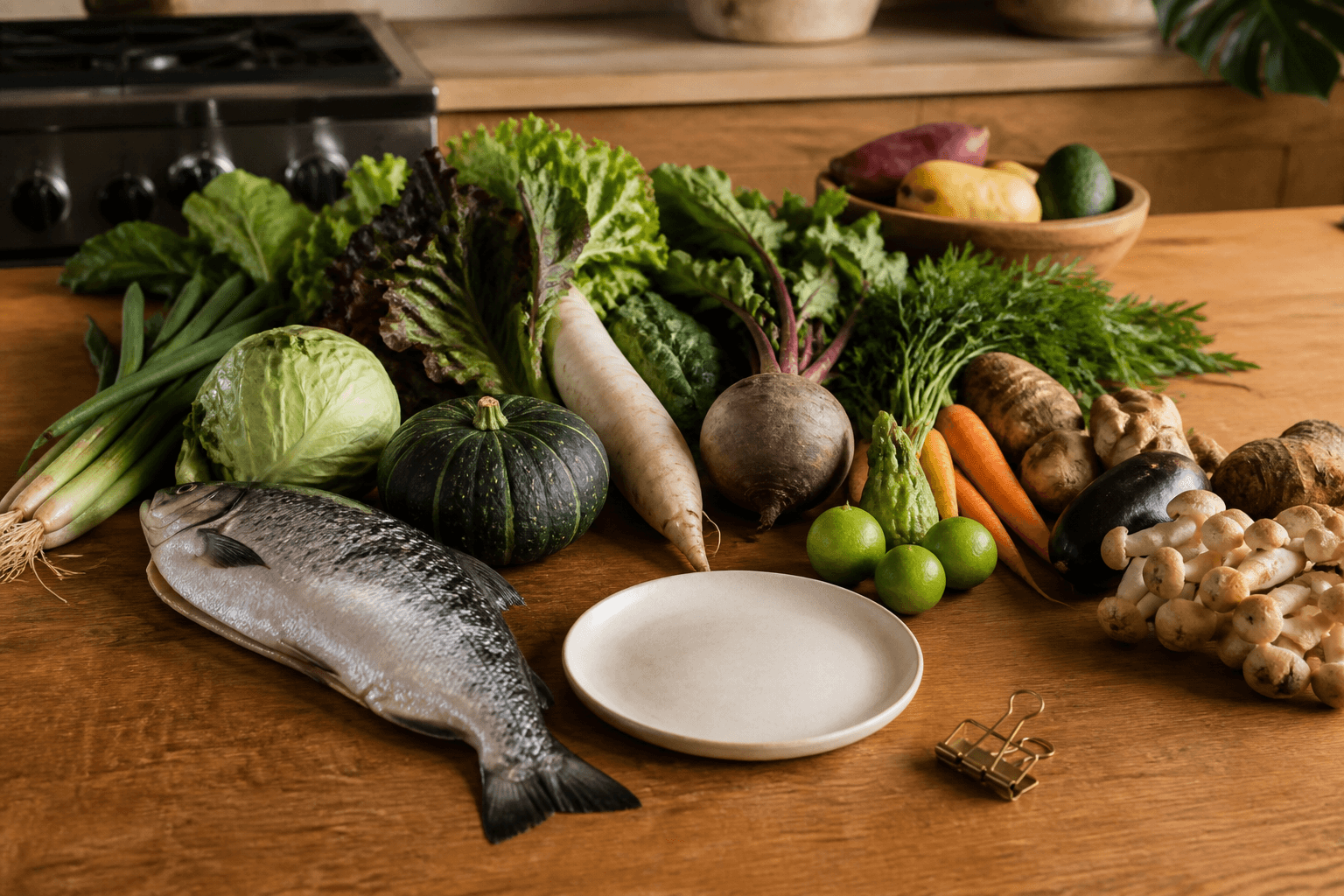 Unpacked unmarked produce and an unlabeled whole fish on a koa prep table, unused ivory plate.
