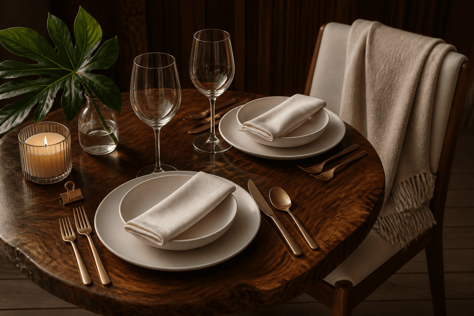 Unused ivory first-night place settings on a small koa table, two empty glasses, unlit candle.