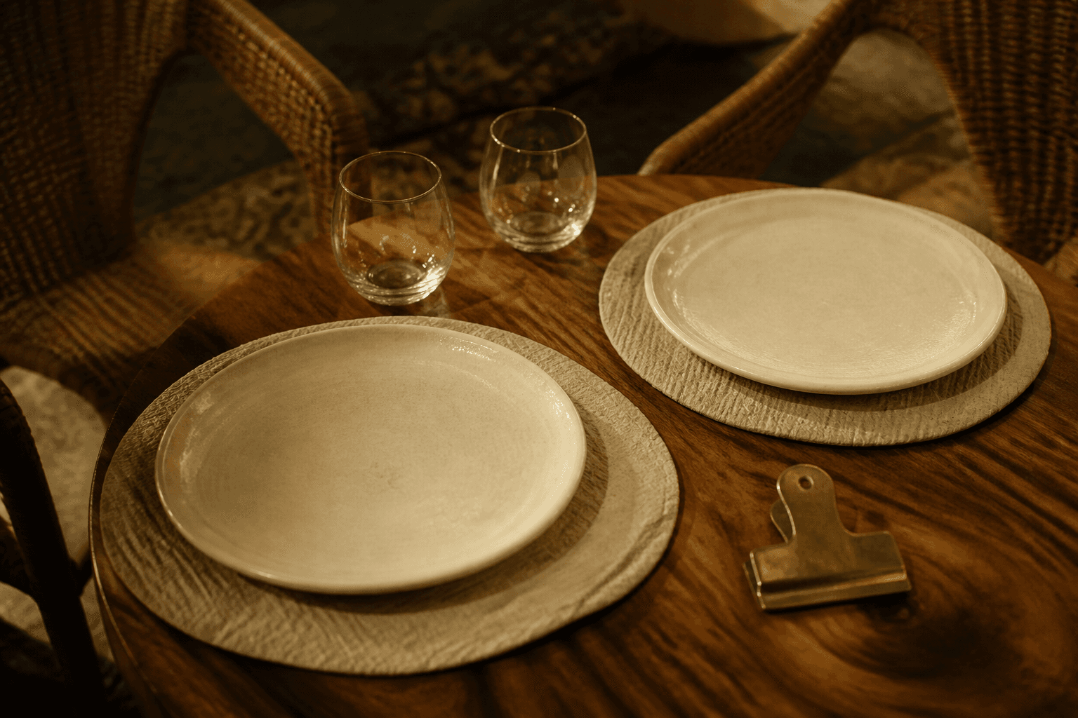Two unused ivory place settings and two empty glasses on a small koa table, brass clip.