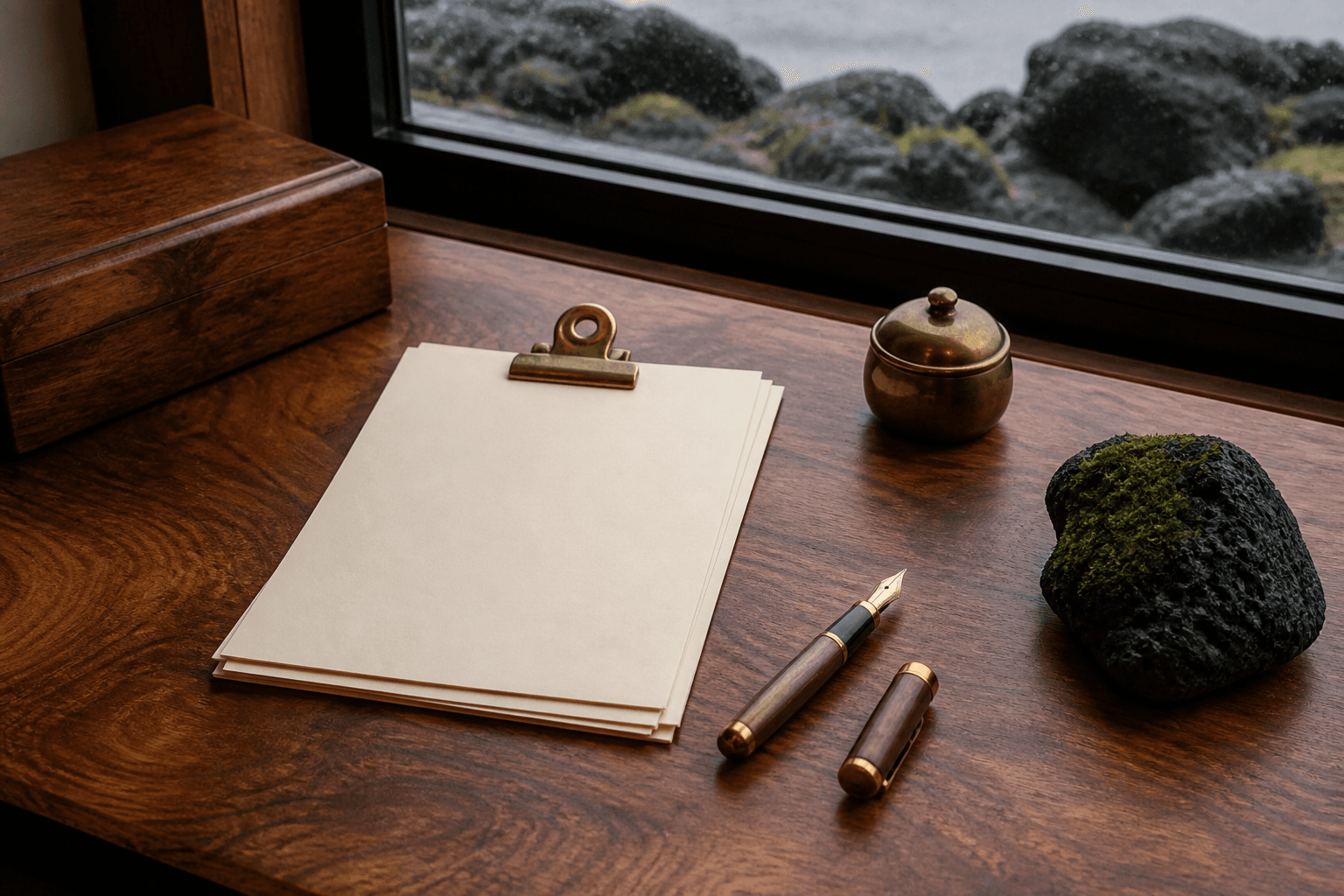 Unused unmarked ivory papers under a brass clip on a koa desk, fountain pen, no dates.