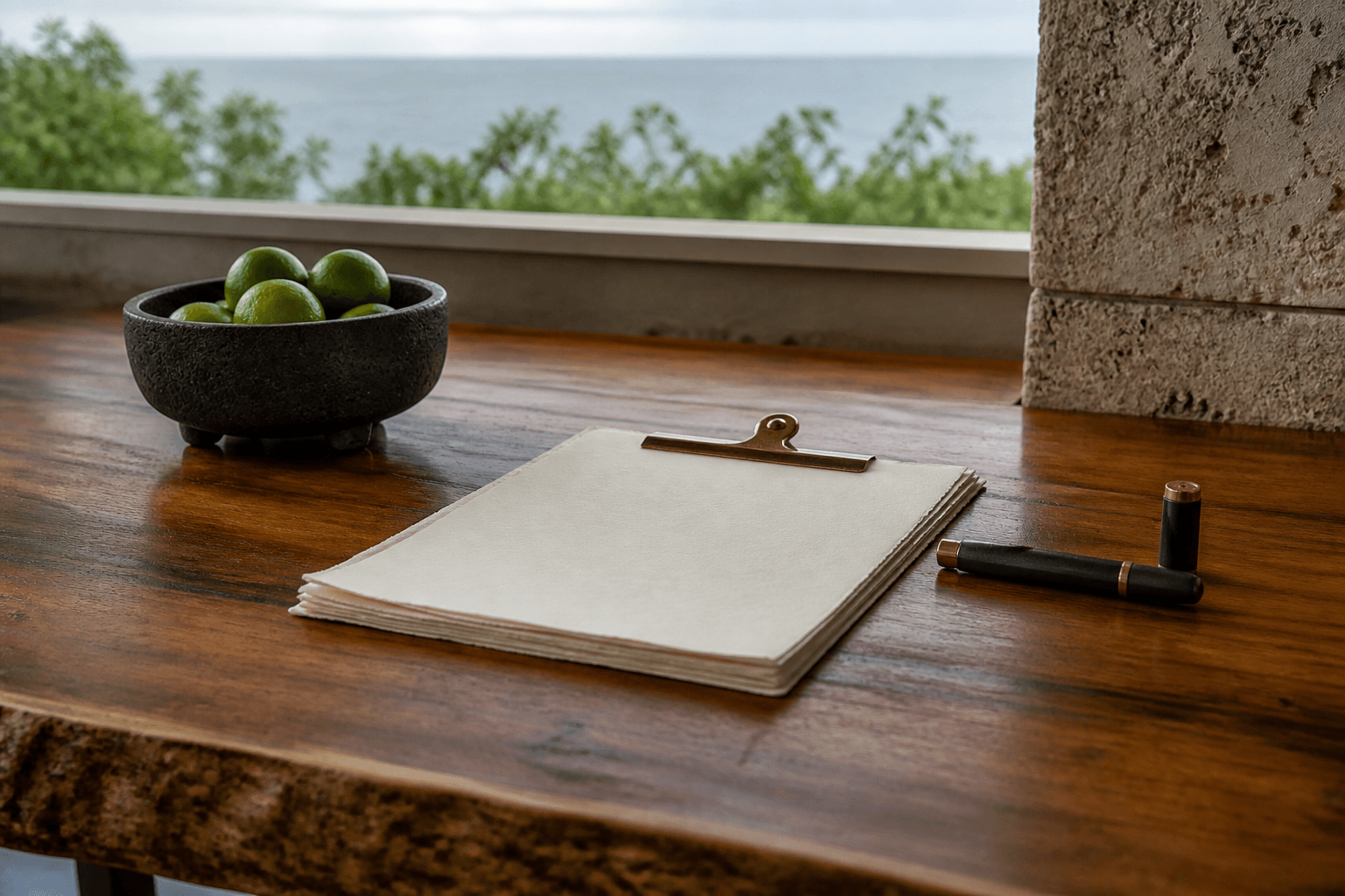 Unused ivory papers stacked under a brass clip on a koa kitchen pass, fountain pen, limes, no writing.