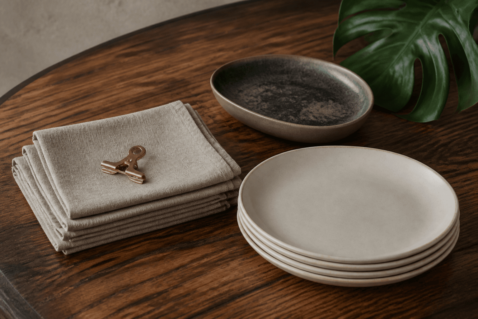 Stacked unused sand linen napkins and unused ivory plates on a koa dining table, brass clip.